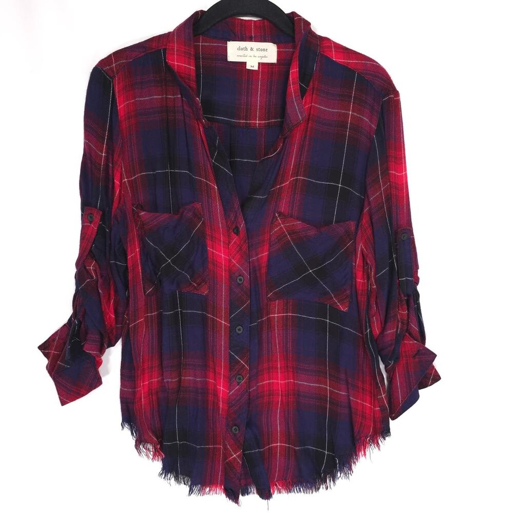 ANTHROPOLOGIE CLOTH & STONE Top Shirt MEDIUM Frayed‎ Hem Red Blue C2231-980-304